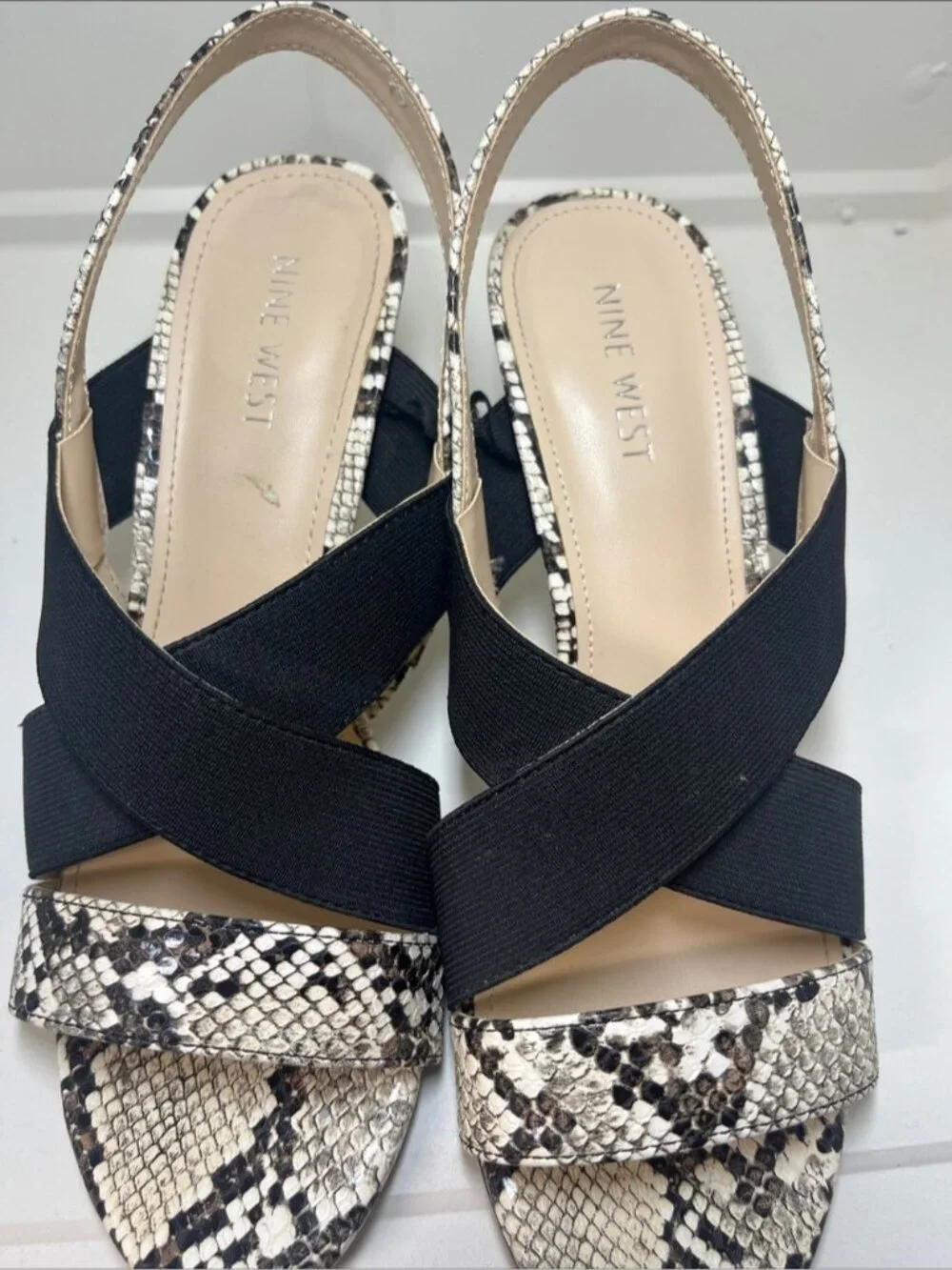 Nine West Black & Snake-Print Crossband Slingback Heels size 7.5  heel 3.5